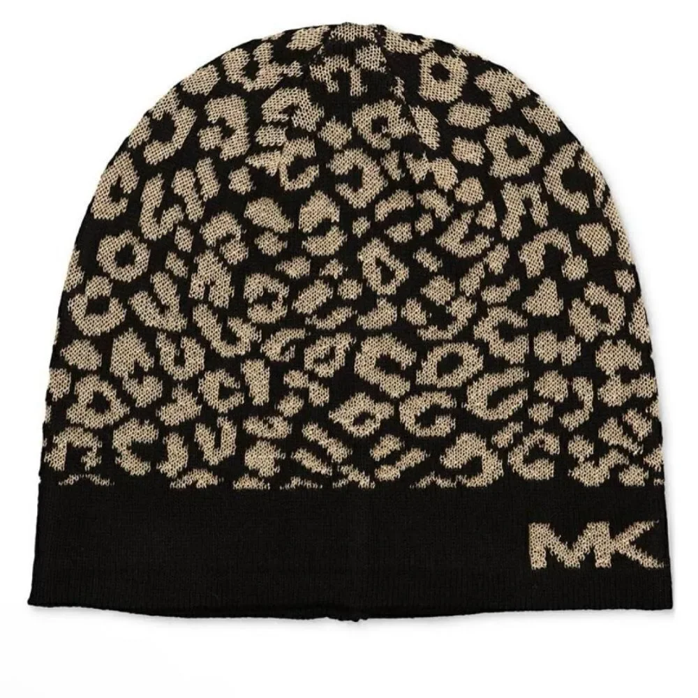 NWT New Michael Kors Black and Gold Metallic Leopard Print Logo Hat/Beanie OS